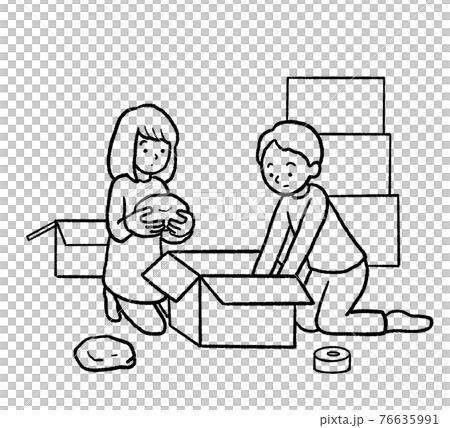 Line drawing illustration of men and women packing 76635991