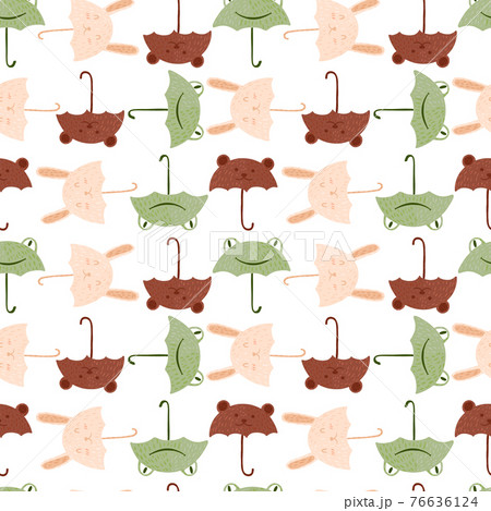 Seamless pattern umbrellas animals on white background. Funny cartoon characters bunny, frog and bear. 76636124