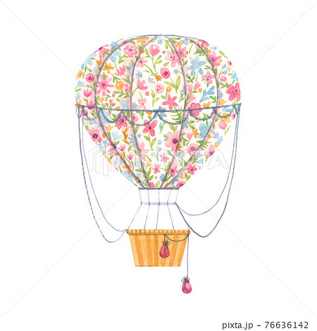 Beautiful image with cute watercolor hand drawn air baloon with gentle flowers. Stock illustration. 76636142
