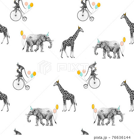Beautiful seamless pattern with safari animal birthday party. Monkey on bike giraffe and elephant with baloons, 76636144