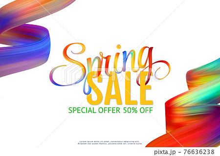 Sale Banner Template Design. Spring Fashion Template. Vector Elegant Layout. Bright Promo Illustration for Season Sale with Colorful Paint Ribbon and Frame. Online Discount Graphic. Special Offer. 76636238