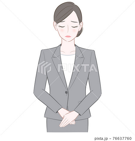 謝罪をするグレーのスーツを着た女性のイラストのイラスト素材