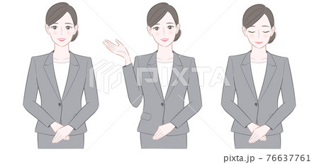 グレーのスーツを着た女性のイラスト 3ポーズセットのイラスト素材