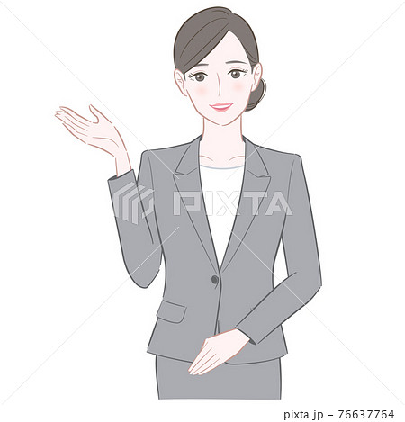 片手を上げるグレーのスーツを着た女性のイラストのイラスト素材