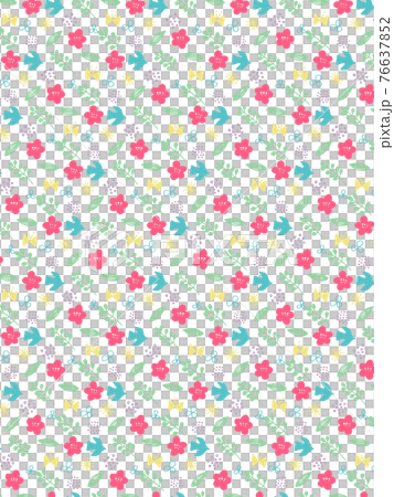 Simple motif pattern of spring-colored flowers and birds Simple motif pattern of spring-colored flowers and birds 76637852