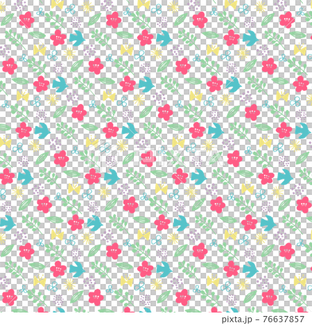 Simple motif pattern of spring-colored flowers and birds Simple motif pattern of spring-colored flowers and birds 76637857