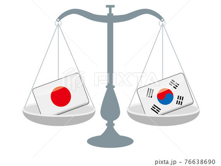 天秤と国旗 日本と韓国の国旗 国家対立 国家紛争 国際司法 貿易のイメージイラストのイラスト素材