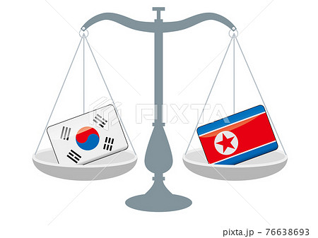 天秤と国旗　北朝鮮と韓国の国旗　国家対立　国家紛争　国際司法　貿易のイメージイラスト 76638693