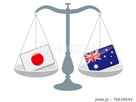 天秤と国旗　日本とオーストラリアの国旗　国家対立　国家紛争　国際司法　貿易のイメージイラスト 76638694