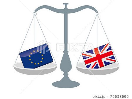 天秤と国旗　ユーロとイギリスの国旗　国家対立　国家紛争　国際司法　貿易のイメージイラスト 76638696