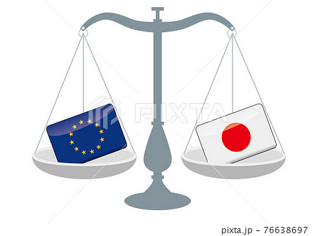 天秤と国旗　日本とユーロの国旗　国家対立　国家紛争　国際司法　貿易のイメージイラスト 76638697
