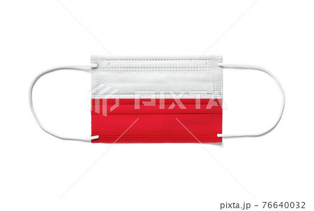 Flag of Poland on a disposable surgical mask. White background Flag of Poland on a disposable surgical mask. White background 76640032