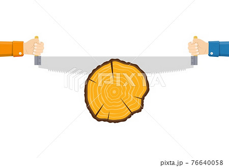 Two men sawing wood. 76640058