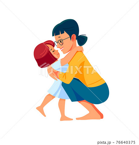 Cute little girl greeting her mother at home. Mother's day concept. Parent and child. Mom hugging her daughter with a lot of love and tenderness. Cartoon flat isolated vector design 76640375