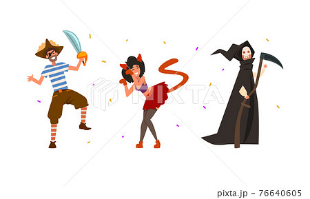 People Characters Wearing Carnival or Masquerade Costumes Vector Illustration Set People Characters Wearing Carnival or Masquerade Costumes Vector Illustration Set 76640605