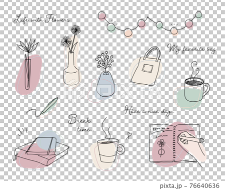 Hand-drawn illustrations of fashionable house items Lifestyle coffee flowers vases interior mugs 76640636