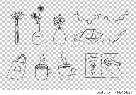 おしゃれな家のアイテムの手描きイラスト ライフスタイル コーヒー 花 花瓶 インテリア マグカップのイラスト素材