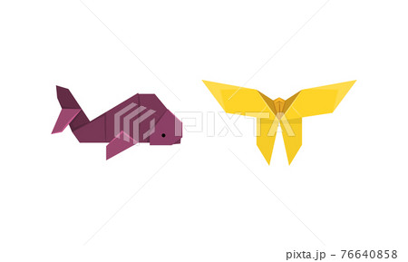 Origami or Paper Folding with Sculpture and Figures Made of Flat Square Sheet of Paper Vector Set 76640858