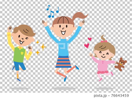 元気に飛び跳ねる3人の子供達のイラスト 76643459