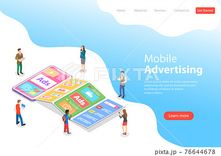 Flat isometric vector landing page template of mobile advertising. Flat isometric vector landing page template of mobile advertising. 76644678