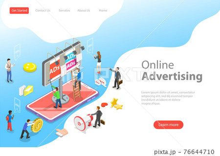 Flat isometric vector landing page template of mobile advertising. Flat isometric vector landing page template of mobile advertising. 76644710