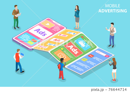 Flat isometric vector concept of mobile advertising, social media sponsored ads. Flat isometric vector concept of mobile advertising, social media sponsored ads. 76644714