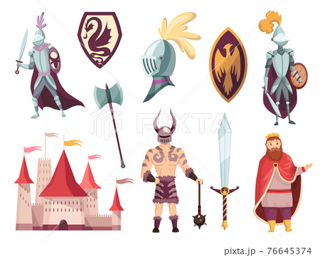 Medieval kingdom characters of middle ages historic period vector Illustrations. Peoples and object set. Knight in full armor, castle, fortress and shields. 76645374