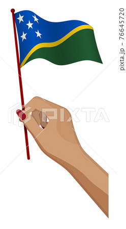 Female hand gently holds small flag of Solomon Islands. Holiday design element. Cartoon vector on white background