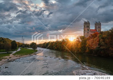 Isar river, park and St Maximilian church from Reichenbach Bridge. Munchen, Bavaria, Germany. 76646189