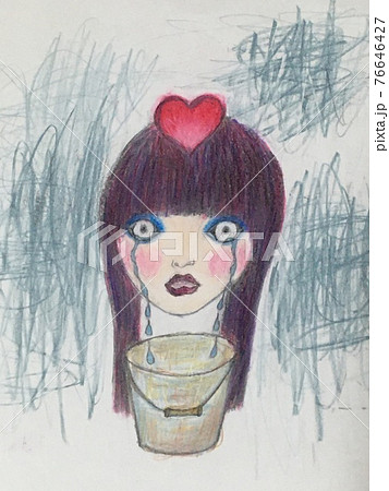 涙をバケツにためる女 色鉛筆画のイラスト素材