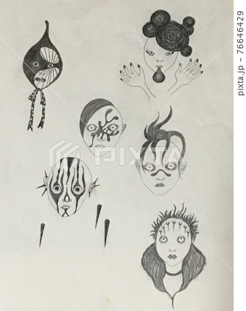 様々な濃いキャラクターの顔 鉛筆画のイラスト素材