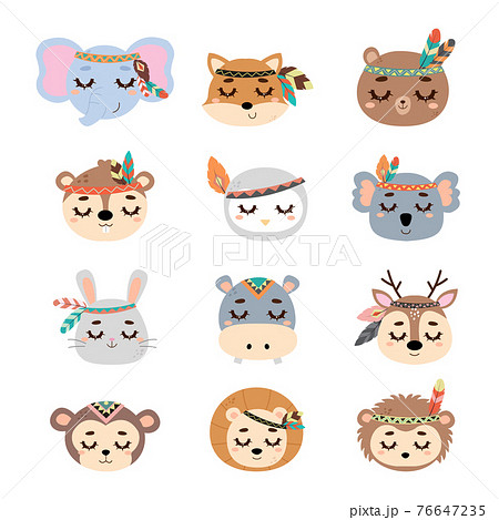 Cute tribal woodland animal head collection. Flat vector cartoon style 76647235