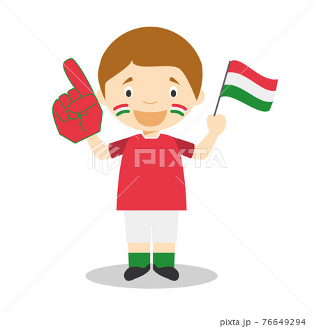 National sport team fan from Hungary with flag and glove Vector Illustration National sport team fan from Hungary with flag and glove Vector Illustration 76649294