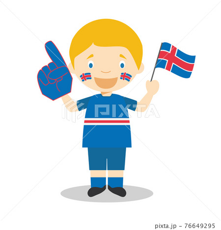 National sport team fan from Iceland with flag and glove Vector Illustration National sport team fan from Iceland with flag and glove Vector Illustration 76649295