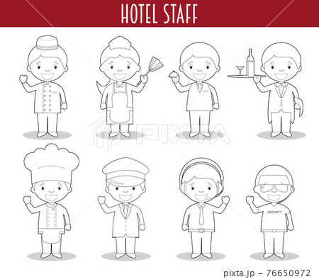 Vector Set of Hotel Staff Professions for coloring in cartoon style. 76650972
