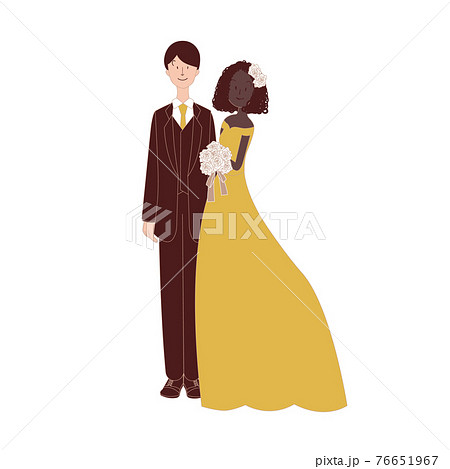 国際結婚 カラードレス 日本人男性と黒人女性のイラスト素材