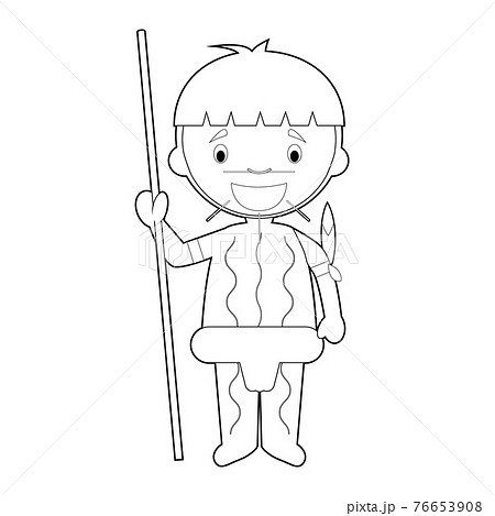 Easy coloring cartoon character from Venezuela dressed in the traditional way as a Yanomami indigenous tribe. Vector Illustration. 76653908