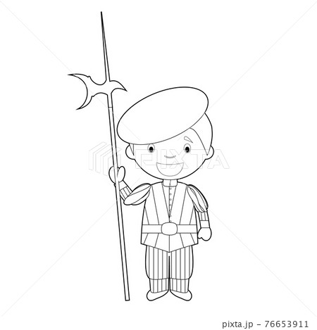 Easy coloring Swiss Guard cartoon character from Vatican City dressed in the traditional way. Vector Illustration. 76653911