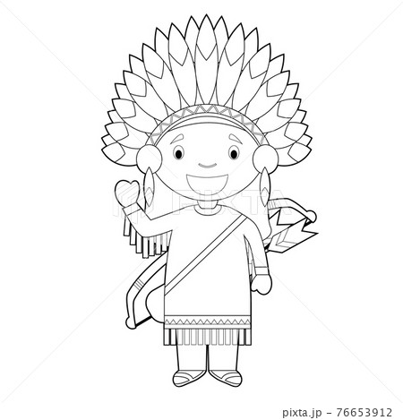 Easy coloring cartoon character from USA dressed in the traditional way of the American Red Indians. Vector Illustration. 76653912