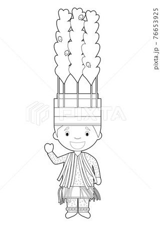 Easy coloring cartoon character from Saint Kitts and Nevis dressed in the traditional way for Carnival. Vector Illustration. 76653925