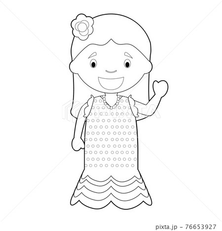Easy coloring cartoon character from Spain dressed in the traditional way as a Flamenco dancer. Vector Illustration. 76653927
