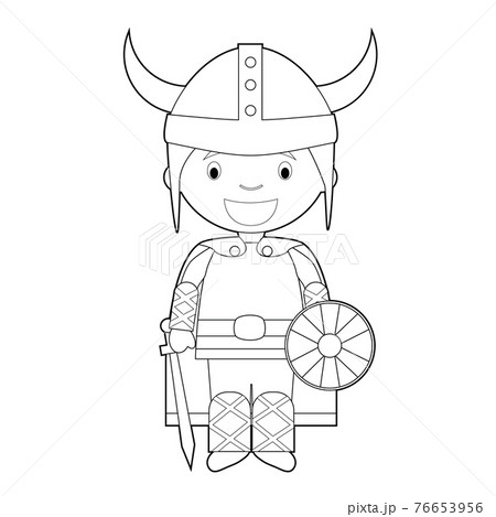 Easy coloring cartoon character from Sweden, Norway or Scandinavia dressed in the traditional way as a viking warrior. Vector Illustration. 76653956