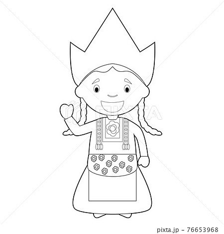 Easy coloring cartoon character from Holland or Netherlands dressed in the traditional way Vector Illustration. 76653968