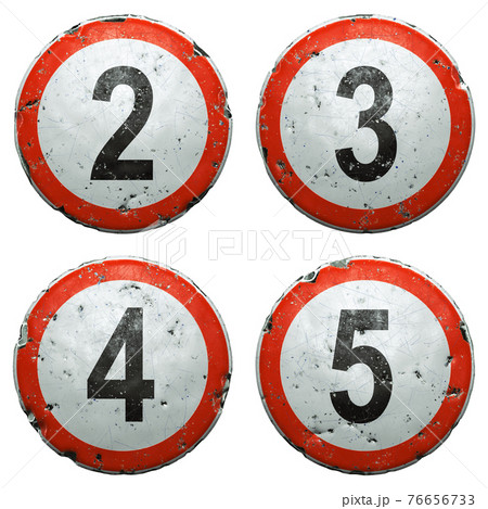 Set of public road signs in red and white with a numbers 2, 3, 4, 5 in the center isolated on white background. 3d 76656733