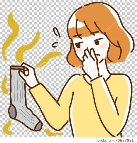 Line drawing illustration of a young woman holding a stinky sock and pinching her nose 76657051