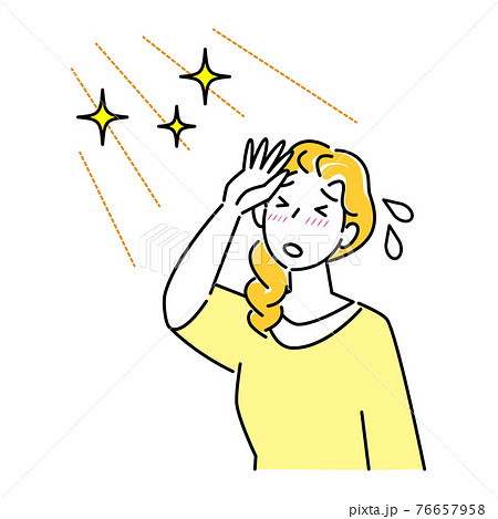 夏の太陽で日焼けして肌がヒリヒリしている女性 暑苦しくて汗をかいている イラスト シンプル ベクター 76657958