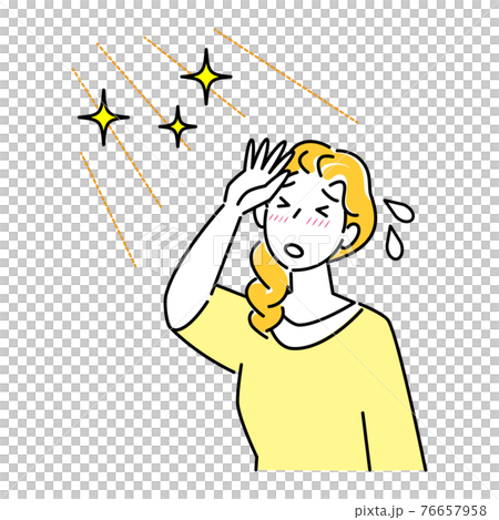 夏の太陽で日焼けして肌がヒリヒリしている女性 暑苦しくて汗をかいている イラスト シンプル ベクター 76657958