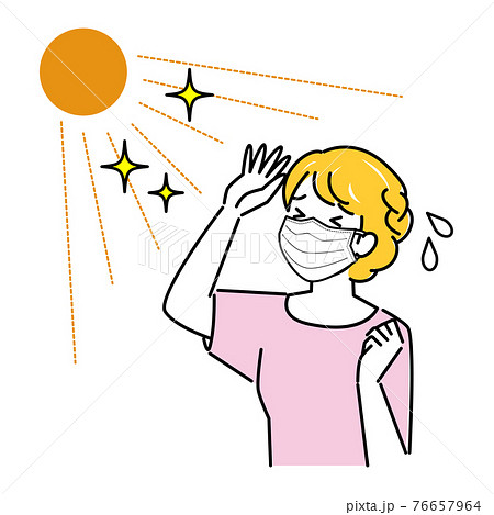 夏にマスクを着用していて暑苦しく汗をかいている女性 イラスト シンプル ベクター 76657964