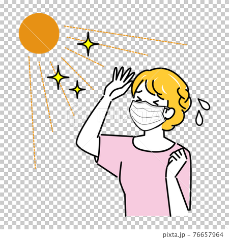 夏にマスクを着用していて暑苦しく汗をかいている女性 イラスト シンプル ベクター 76657964