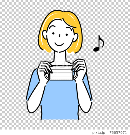 微笑的女人雙手拿著面具插圖簡單向量 76657971